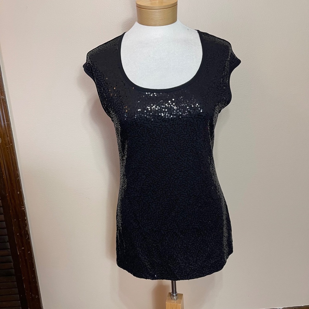 NEW Ann Taylor Womens Black Sequin Front Sleeveless Scoop Neck Shell Top M